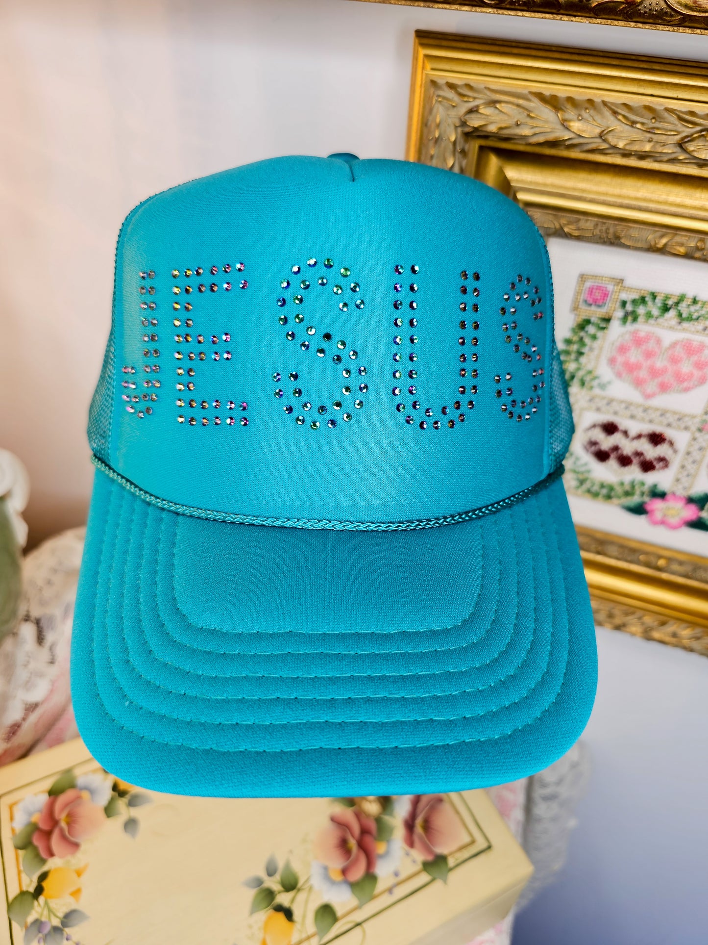 JESUS Rhinestone Trucker Hat - DARK TURQUOISE