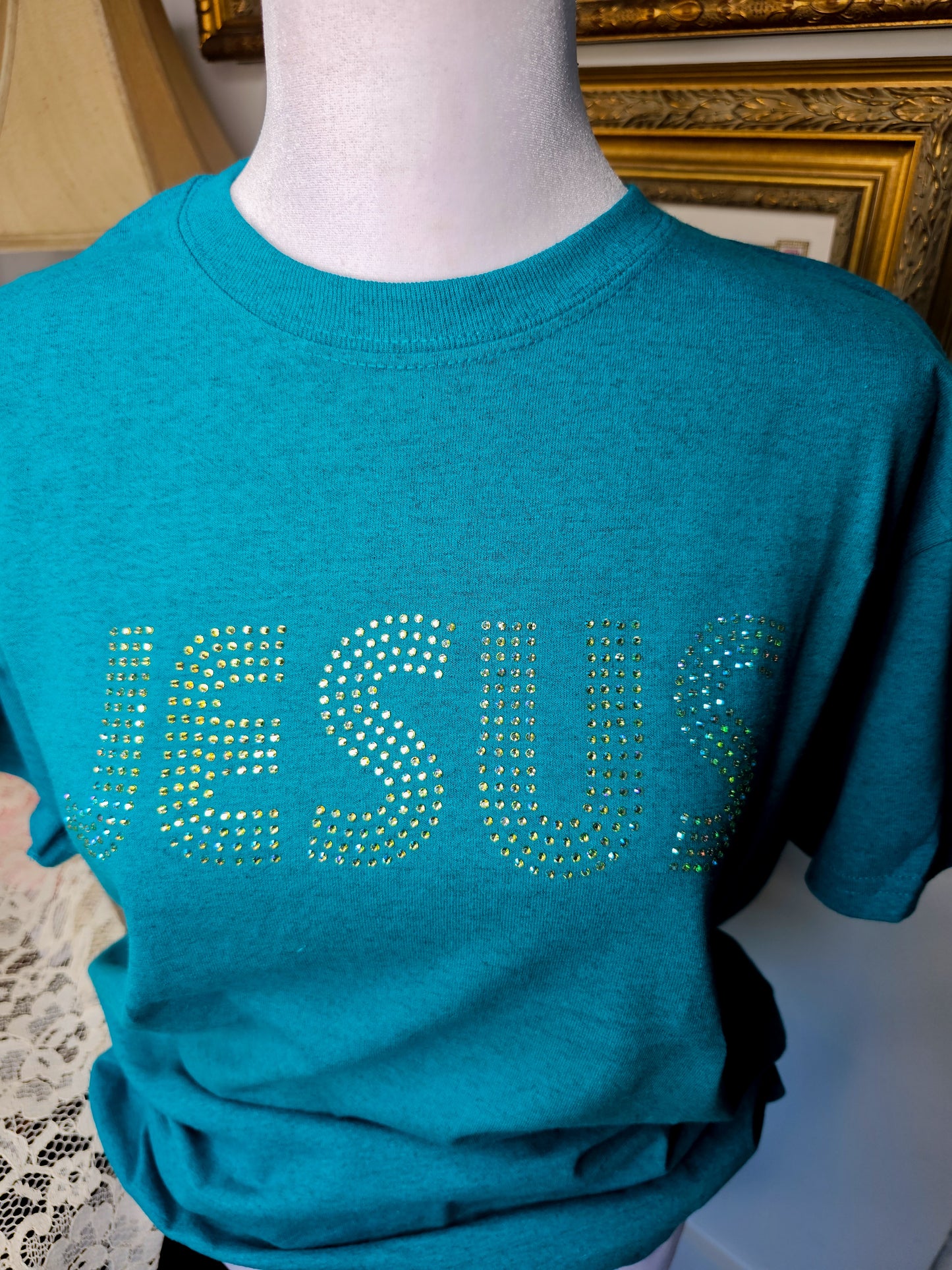 JESUS Rhinestone shirt - Dark Turquoise with green rhinestones