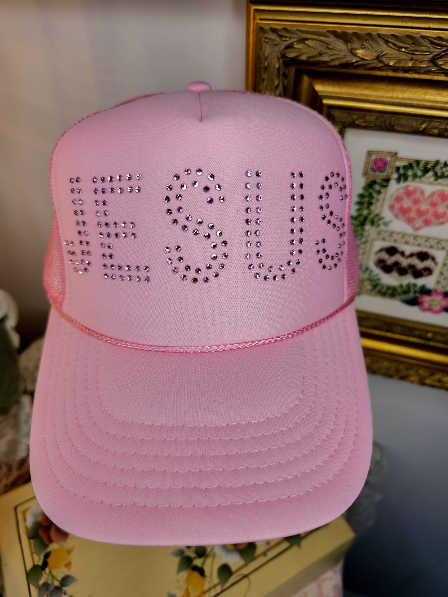 JESUS Rhinestone Trucker Hat - SOFT PINK