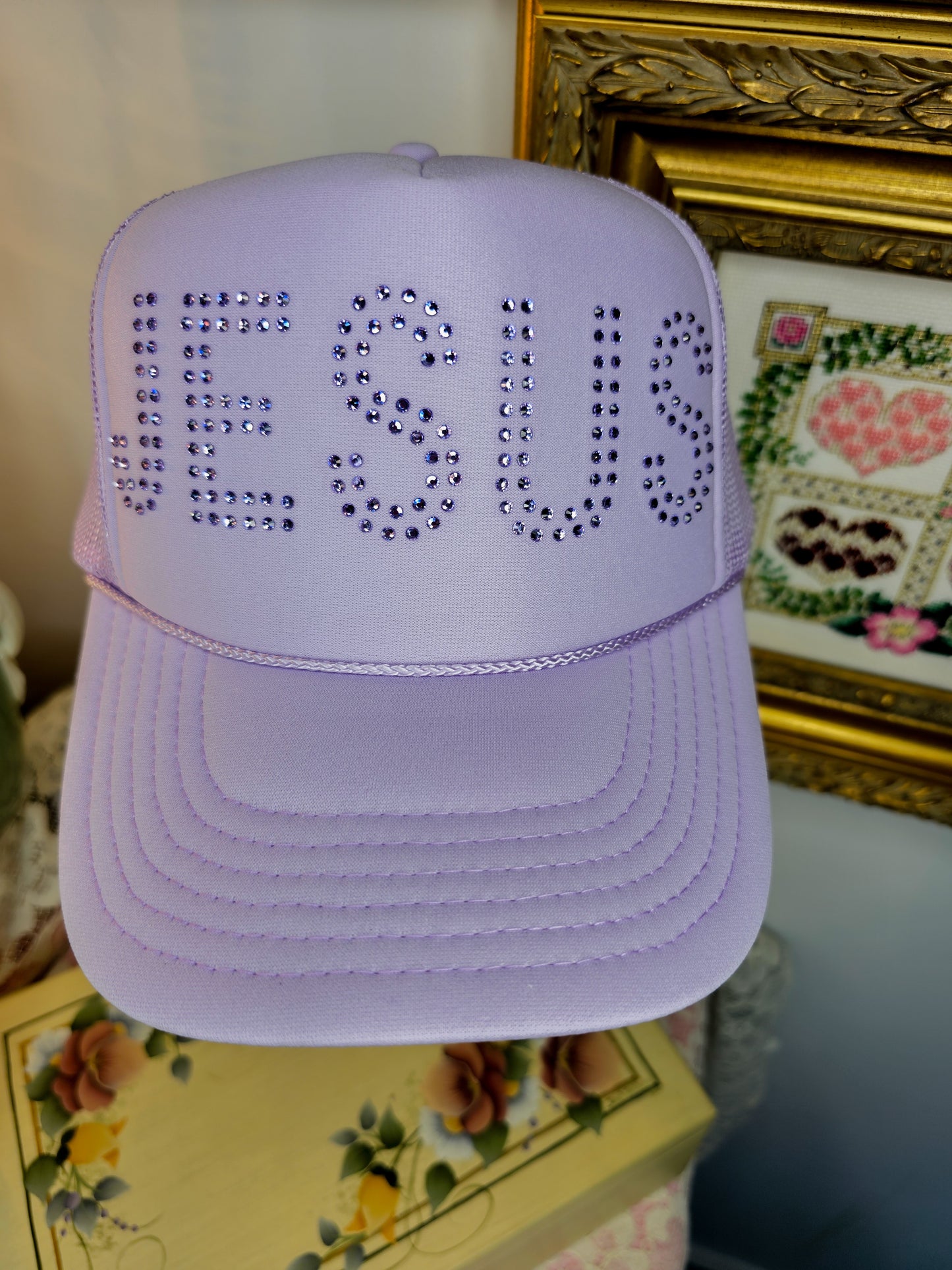 JESUS Rhinestone Trucker Hat - LILAC
