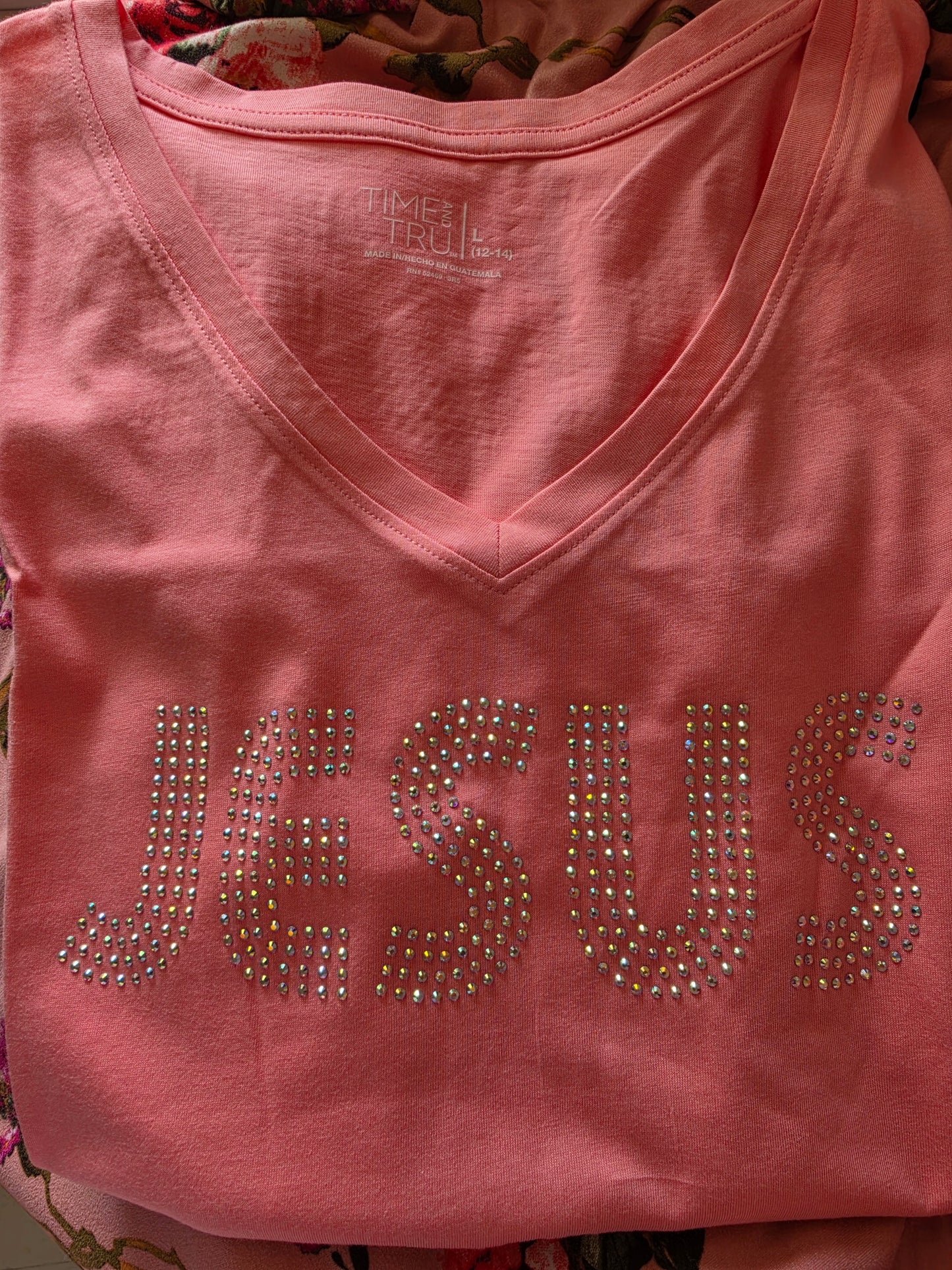 JESUS Rhinestone coral Tshirt