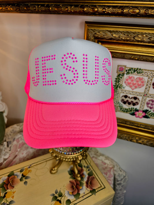 JESUS Rhinestone Trucker Hat - WHITE/HOT PINK
