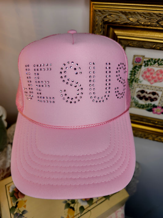 JESUS Rhinestone Trucker Hat - SOFT PINK