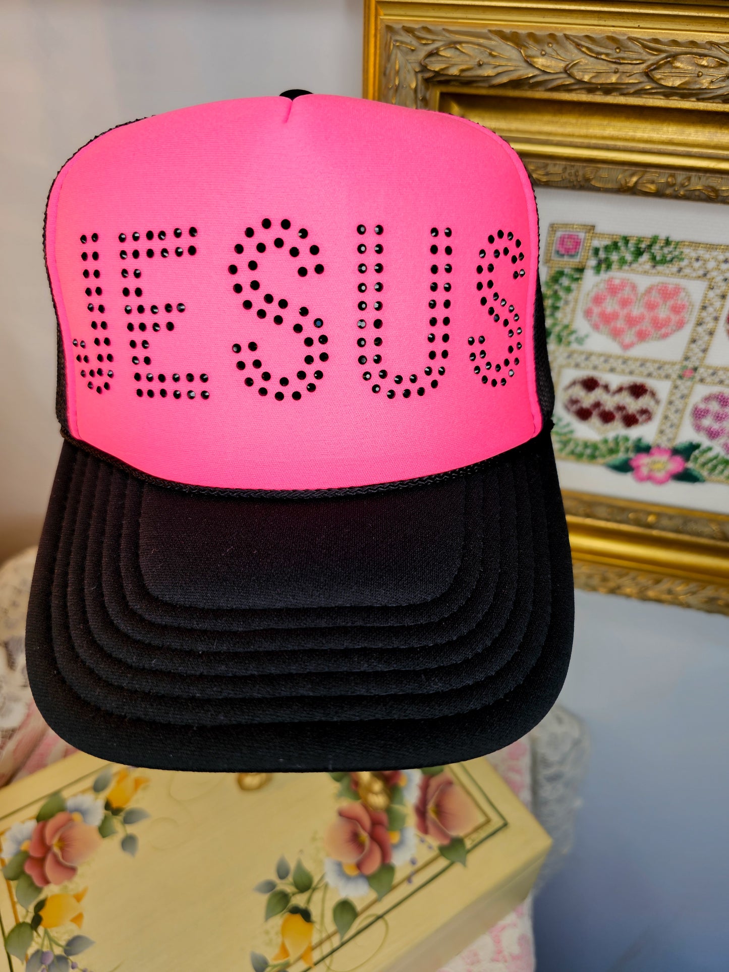 JESUS Rhinestone Trucker Hat - BLACK/PINK