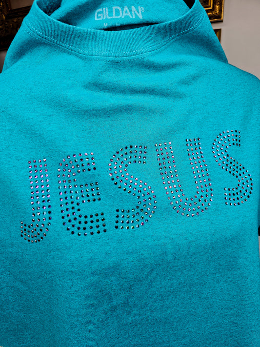 JESUS Rhinestone shirt - Dark Turquoise with volcano rhinestones