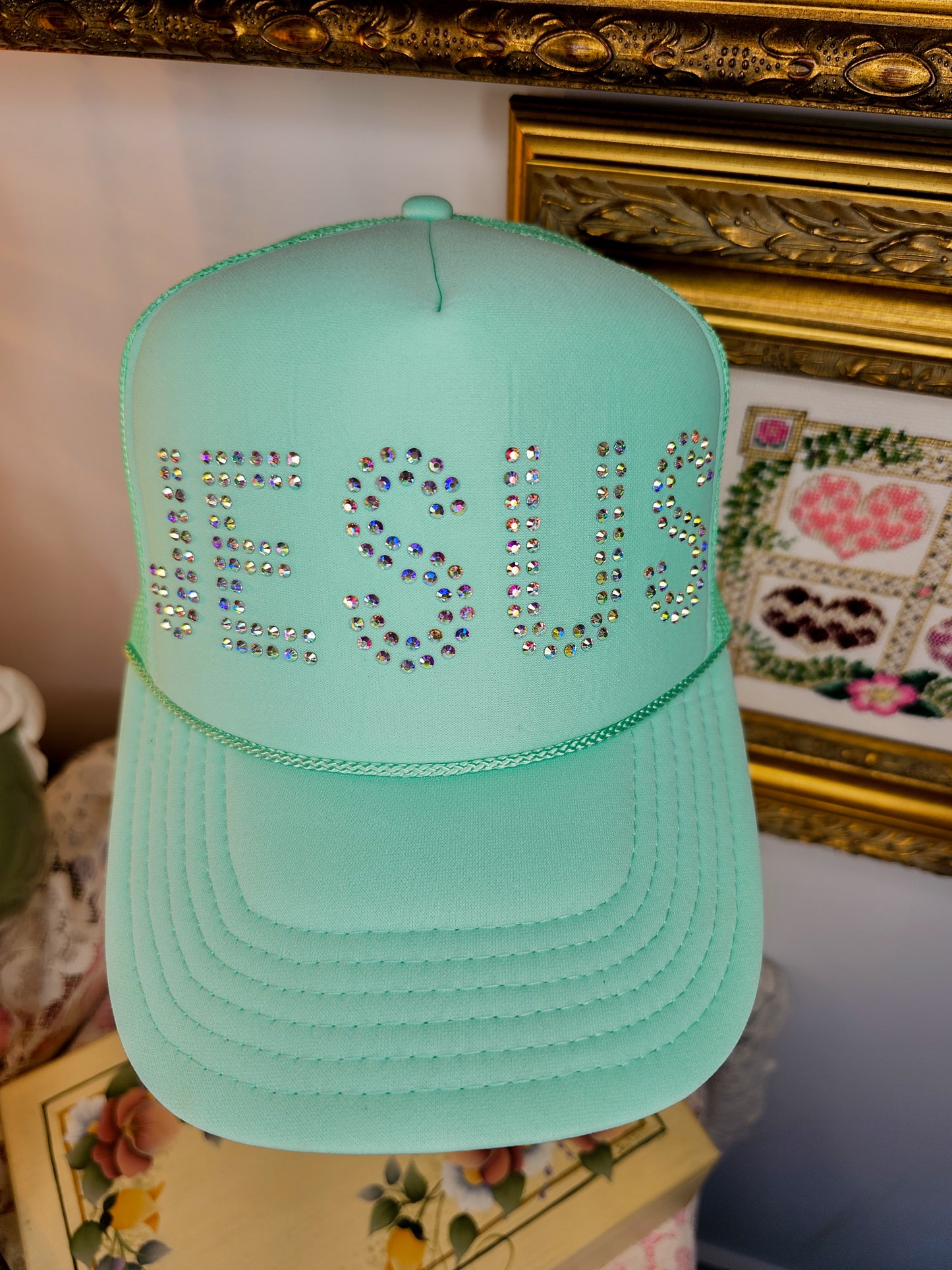 JESUS Rhinestone Trucker Hat - MINT